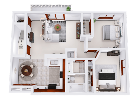 Floor plan for 2 beds, 1 bath, 1045 sqft